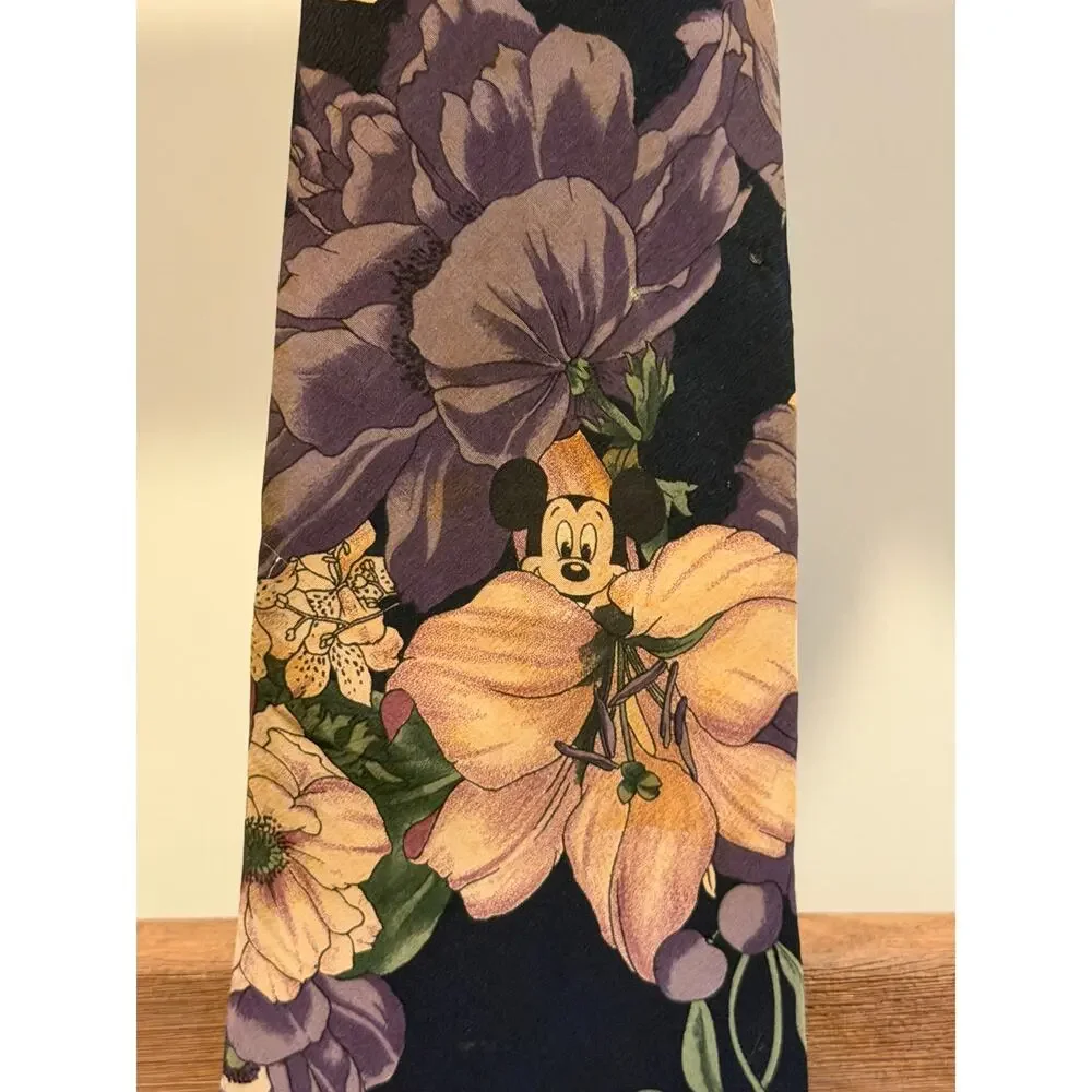Vintage Disney Hidden Mickey Floral Silk Tie Navy Purple Green Park Exclusive